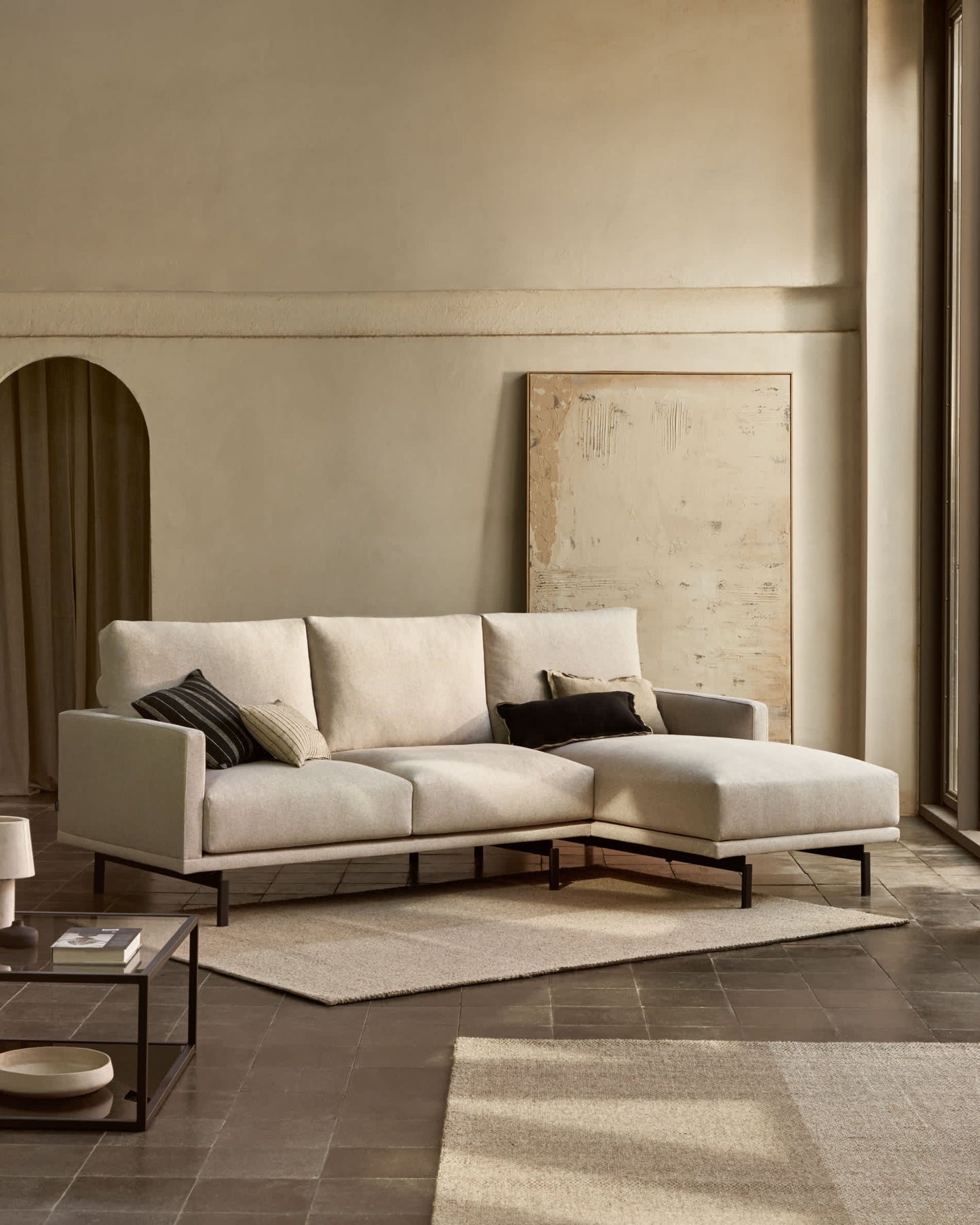 Divano Galene 3 posti con chaise longue destro beige 254 cm
