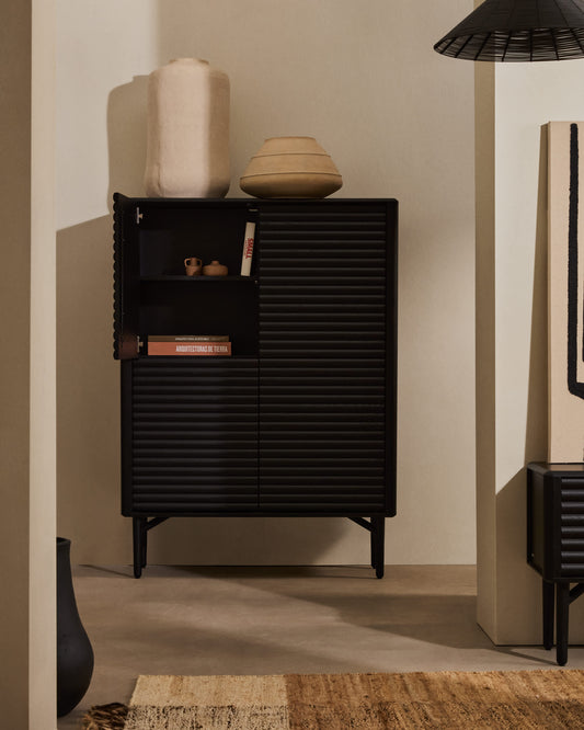Credenza alta Lenon 4 ante legno massello e impiallacciatura di rovere nero 105x144 cm