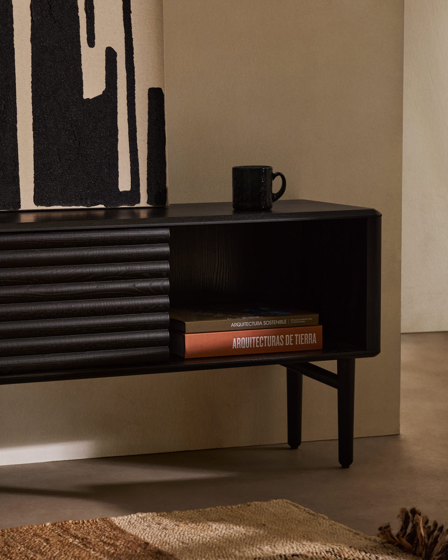 Mobile TV Lenon 2 sportelli in legno massello e impiallacciatura di rovere nero 200x55 cm