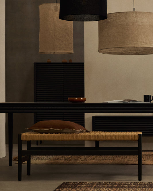 Panca Zaide in legno massiccio di rovere con finitura in nero e seduta in corda 120 cm