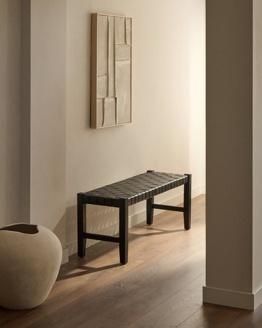 Panca Calixta in pelle e legno massello di mogano con finitura nera 120 cm