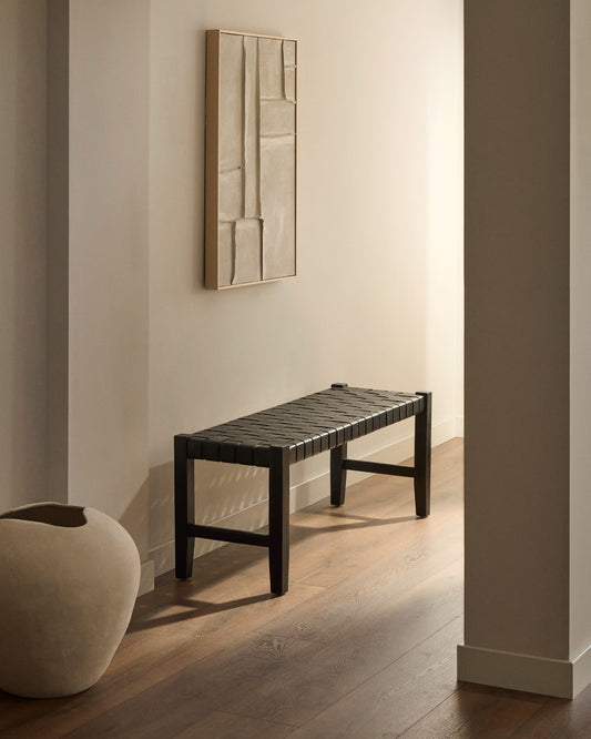 Panca Calixta in pelle e legno massello di mogano con finitura nera 120 cm