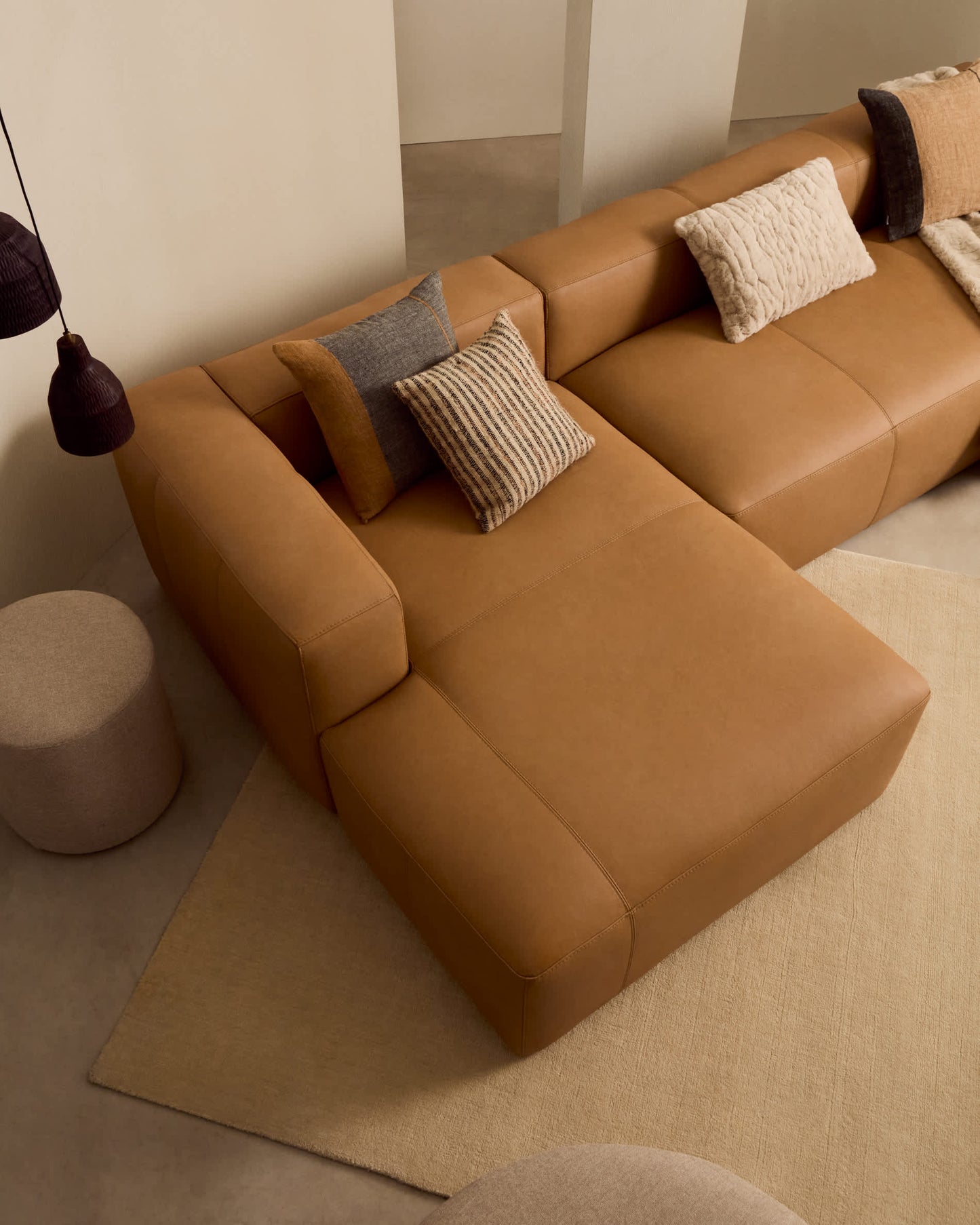 Divano Blok in pelle marrone a 4 posti con chaise longue a sinistra 330 cm