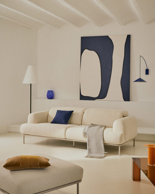Divano Aurum 2 posti in ciniglia écru con testiera reclinabile e base in metallo beige opaco 214 cm