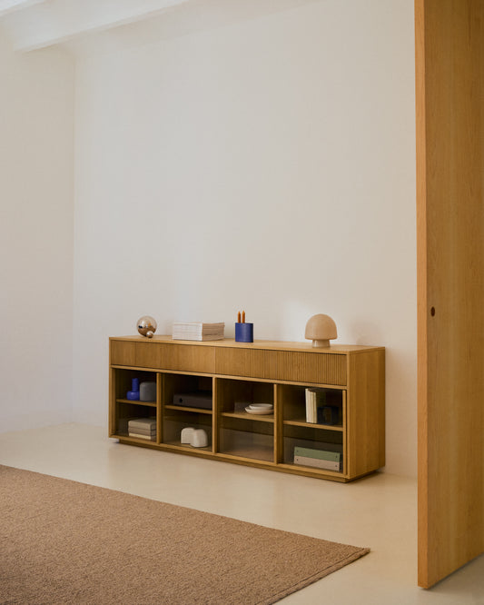 Credenza Helvine 4 ante e 4 cassetti impiallacciatura in rovere e vetro temperato 200x80 cm
