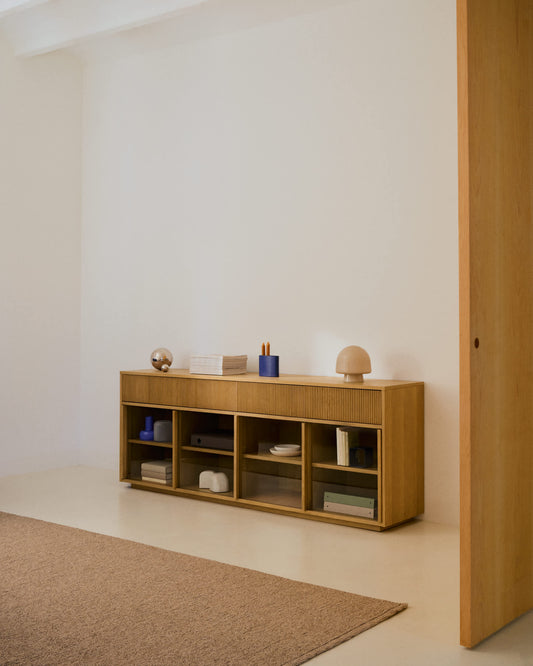 Credenza Helvine 4 ante e 4 cassetti impiallacciatura in rovere e vetro temperato 200x80 cm