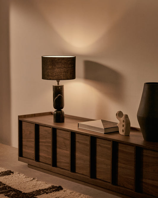 Lampada da tavolo Vex in marmo nero con paralume in lino nero