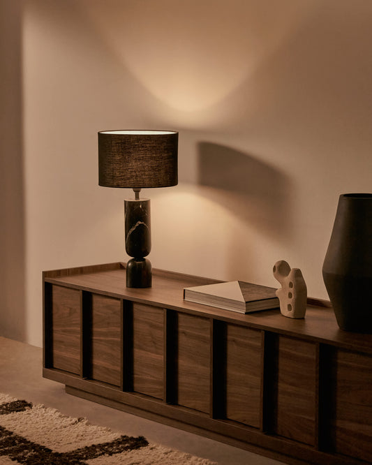 Lampada da tavolo Vex in marmo nero con paralume in lino nero