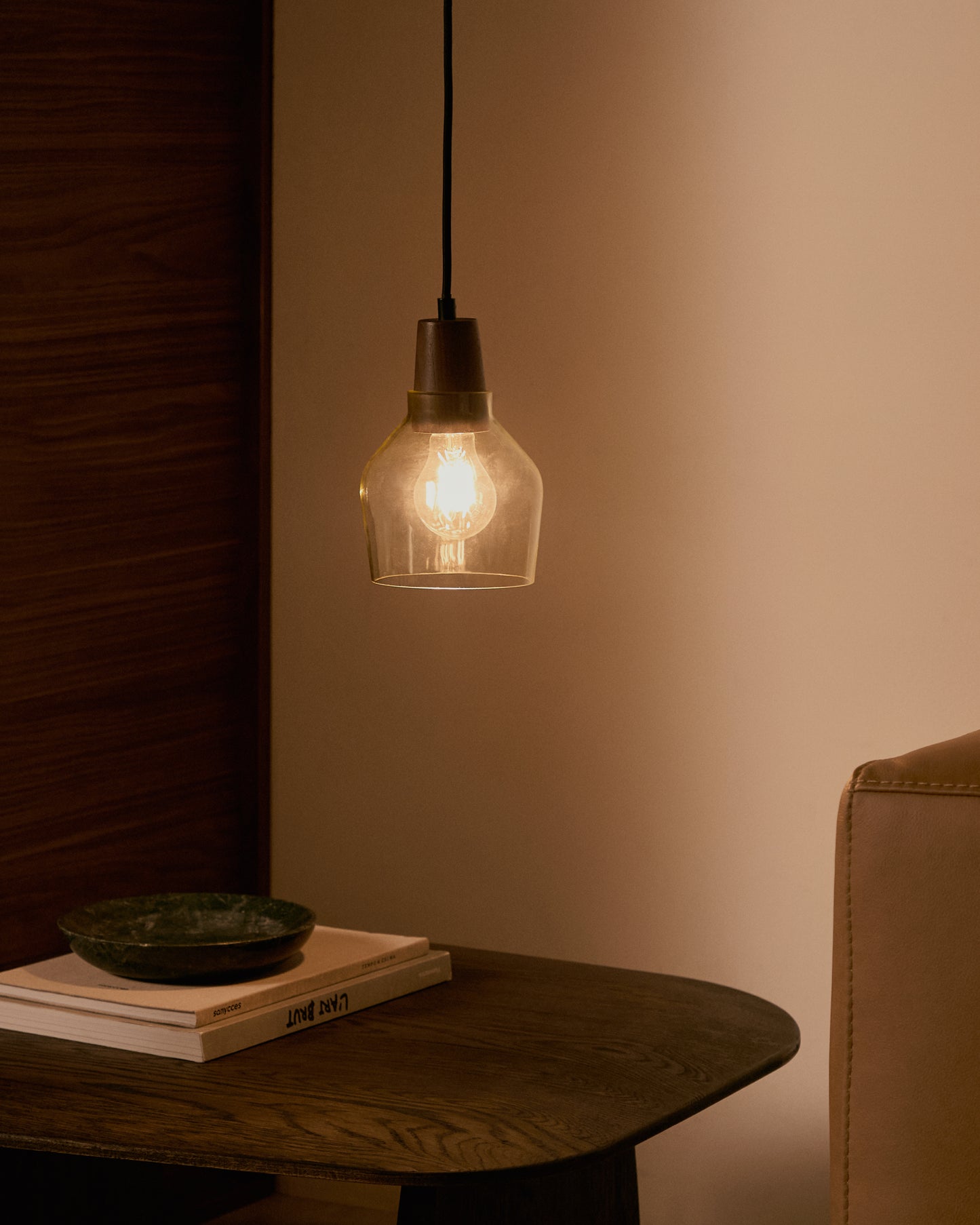 Lampada a soffitto Silex di vetro verde e legno di noce Ø 13 cm