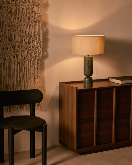 Lampada da tavolo Vex in marmo verde con paralume in lino grigio