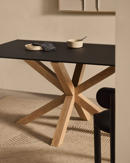 Tavolo Argo di vetro nero opaco e gambe in acciaio effetto legno 160 x 90 cm
