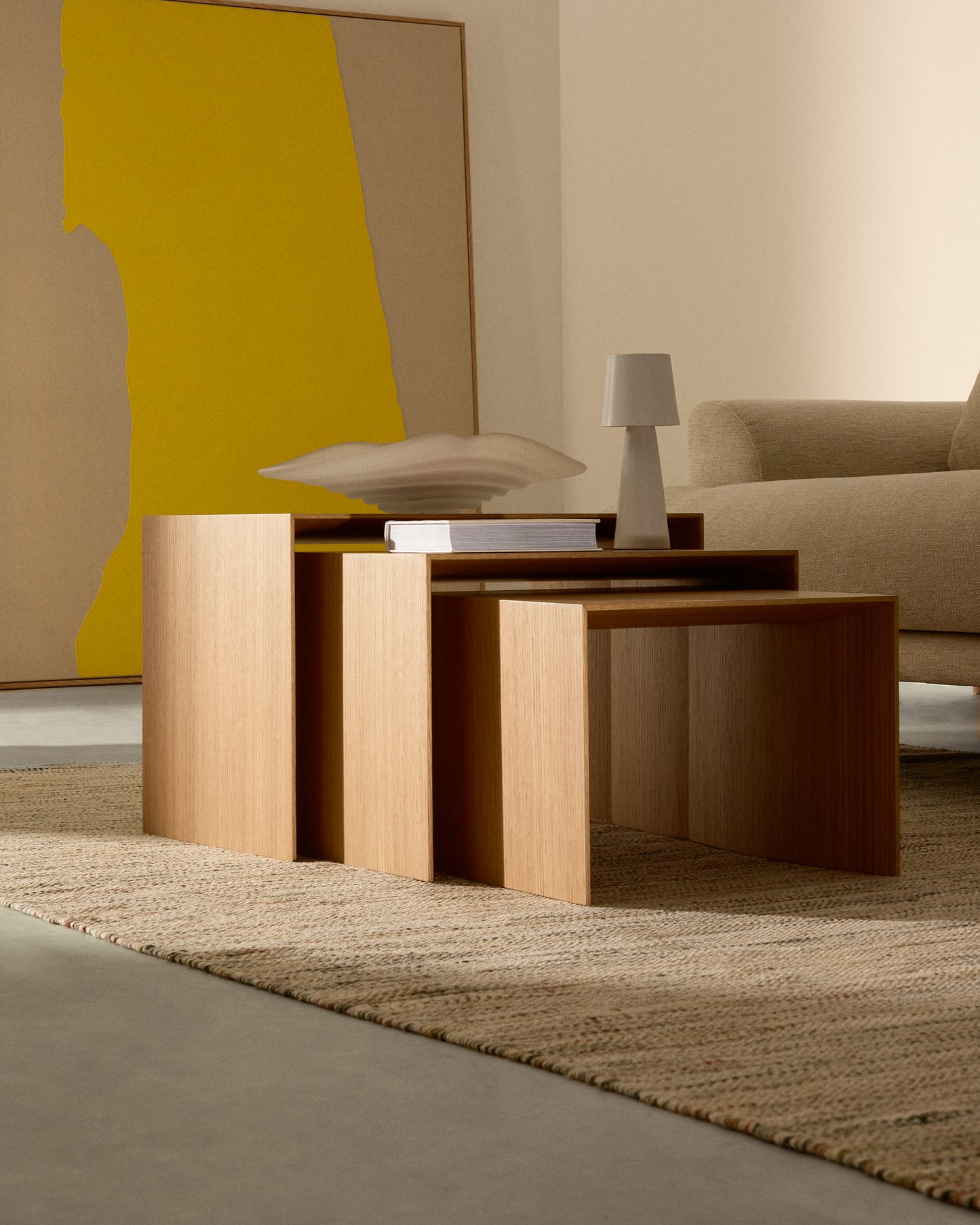 Set Litto con 3 tavolini a nido impiallacciatura in rovere 60 x 40 / 51 x 36 / 42 x 31 cm