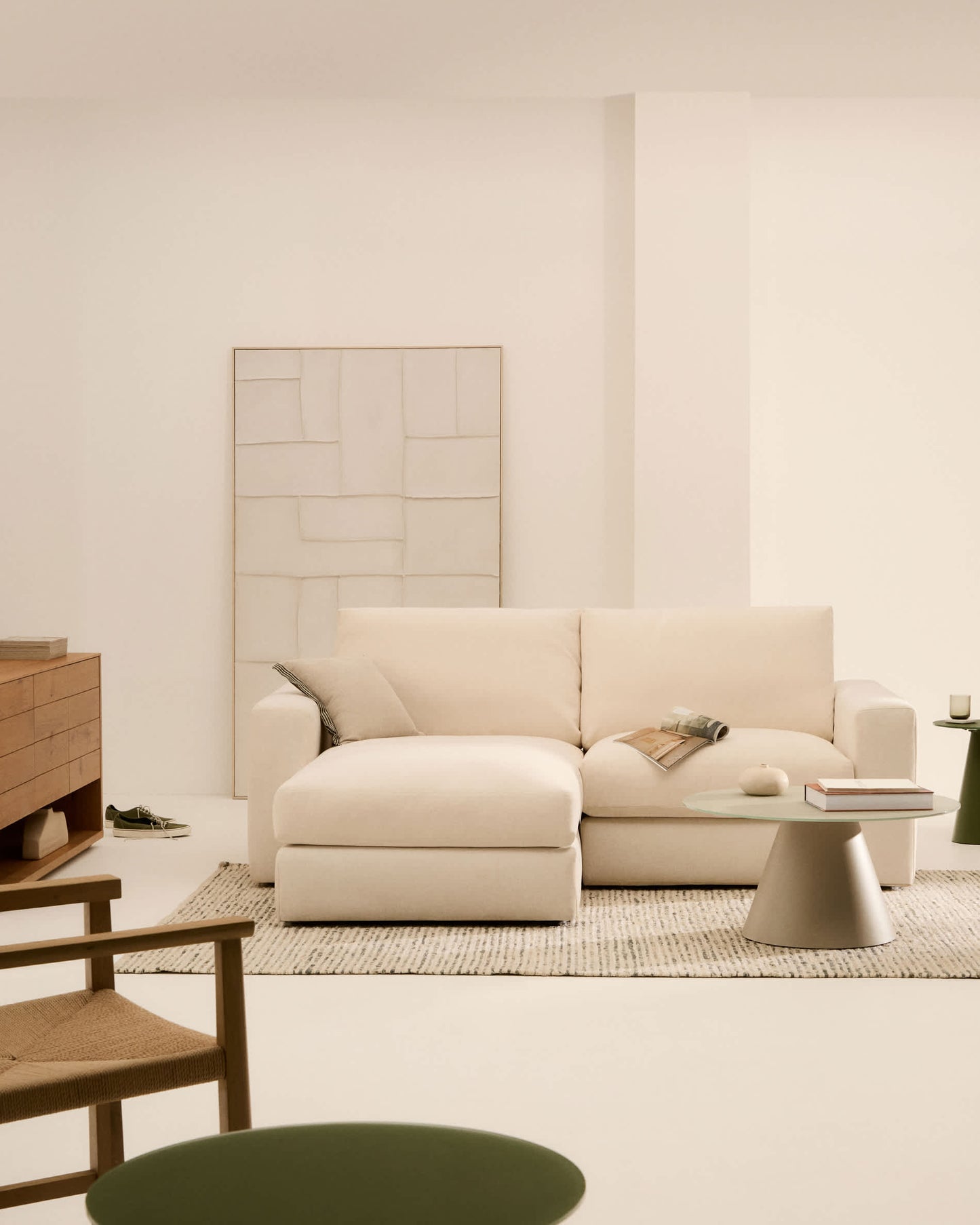 Divano modulare sfoderabile Alea 3 posti in ciniglia chaise longue sinistra écru 220 cm