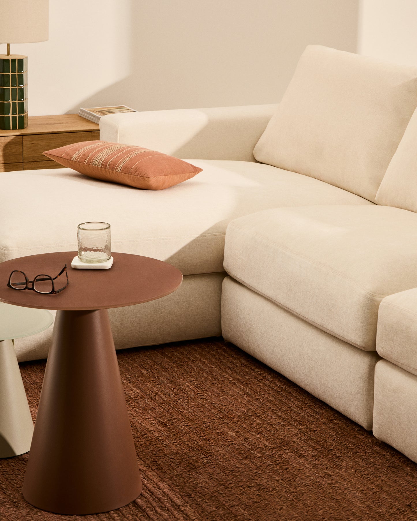 Divano modulare Alea 5 posti sfoderabile in ciniglia chaise longue sinistra écru 340 cm