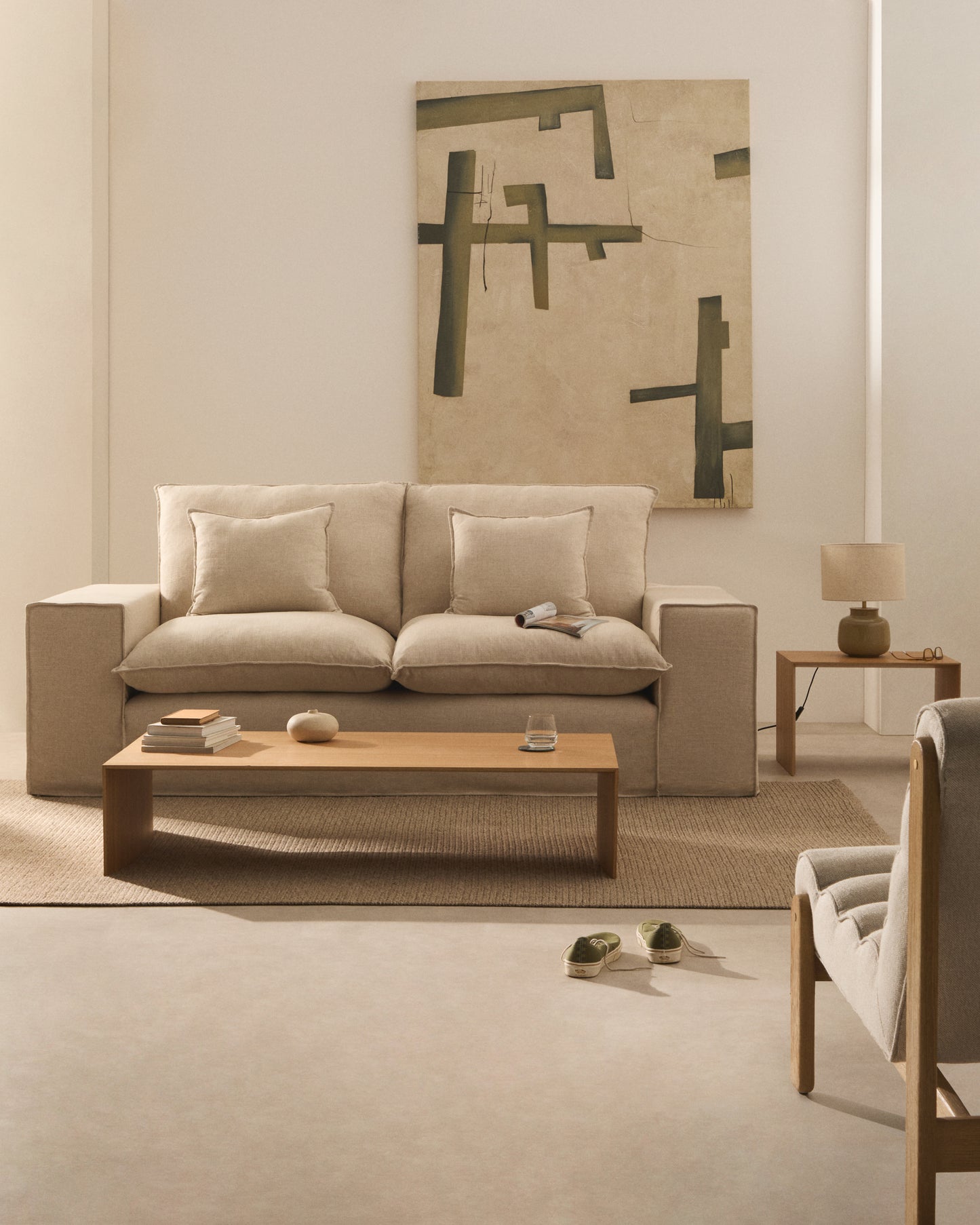 Divano sfoderabile Anarela 2 posti con cuscini di lino beige 240 cm