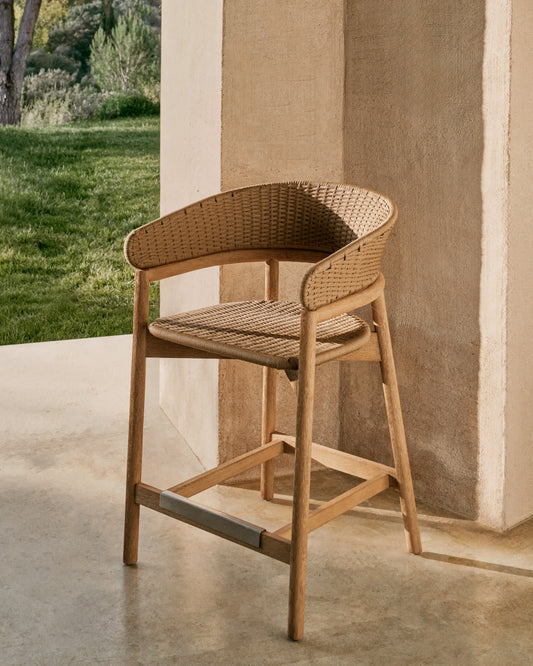 Sgabello Arinella in legno massiccio di acacia con finitura naturale e corda beige 65 cm