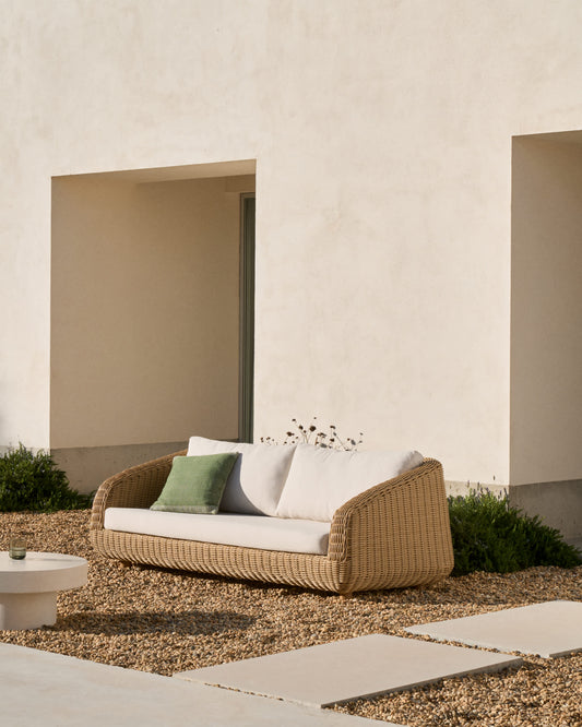 Divano Meria a 3 posti in rattan sintetico e gambe in legno massiccio di acacia 208 cm