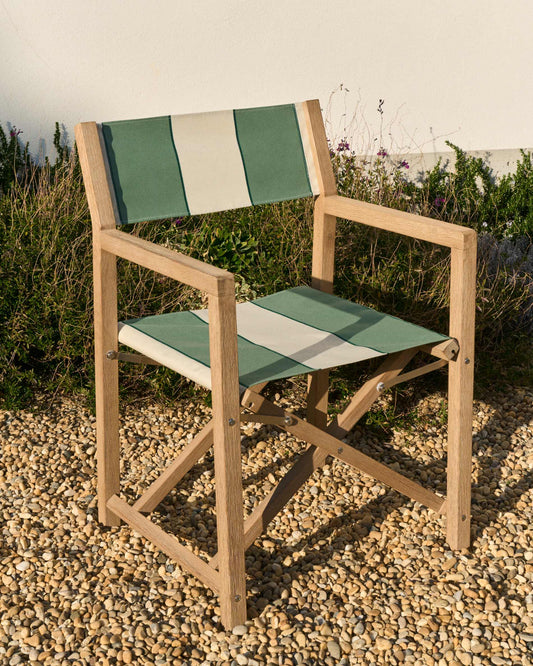 Sedia pieghevole da esterno Vilara a righe verdi e beige in legno massiccio di acacia
