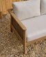 Set Alabe composto da divano a 2 posti, 2 poltrone e tavolino da salotto in legno di acacia FSC 100%