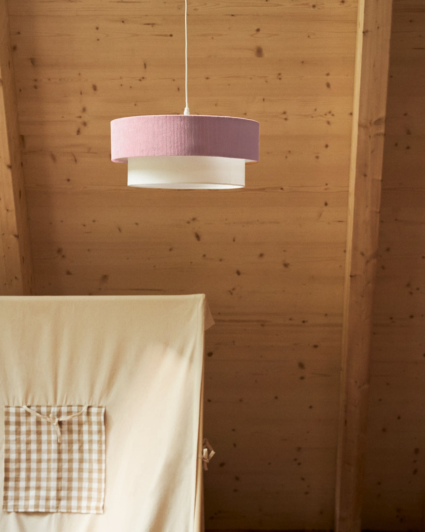 Lampada da soffitto Bianella in cotone e velluto a coste rosa