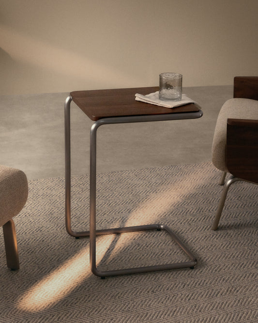 Tavolino da appoggio Tarsel in impiallacciato di noce con struttura in acciaio inox spazzolato 42 x 60 cm
