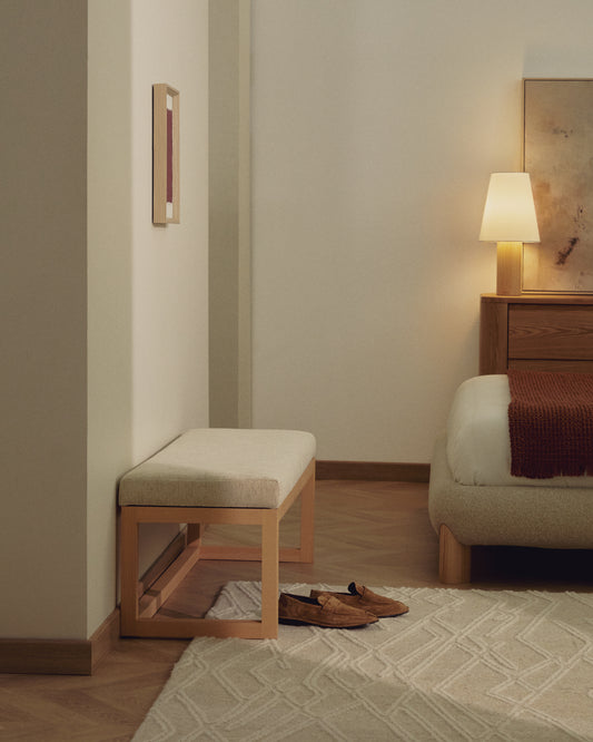 Panca Loya in ciniglia beige e legno di faggio 128 cm