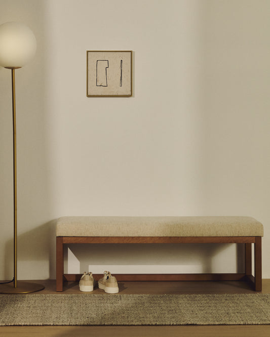 Panca Loya in ciniglia beige e legno di faggio con finitura color noce 128 cm
