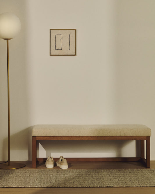 Panca Loya in ciniglia beige e legno di faggio con finitura color noce 128 cm