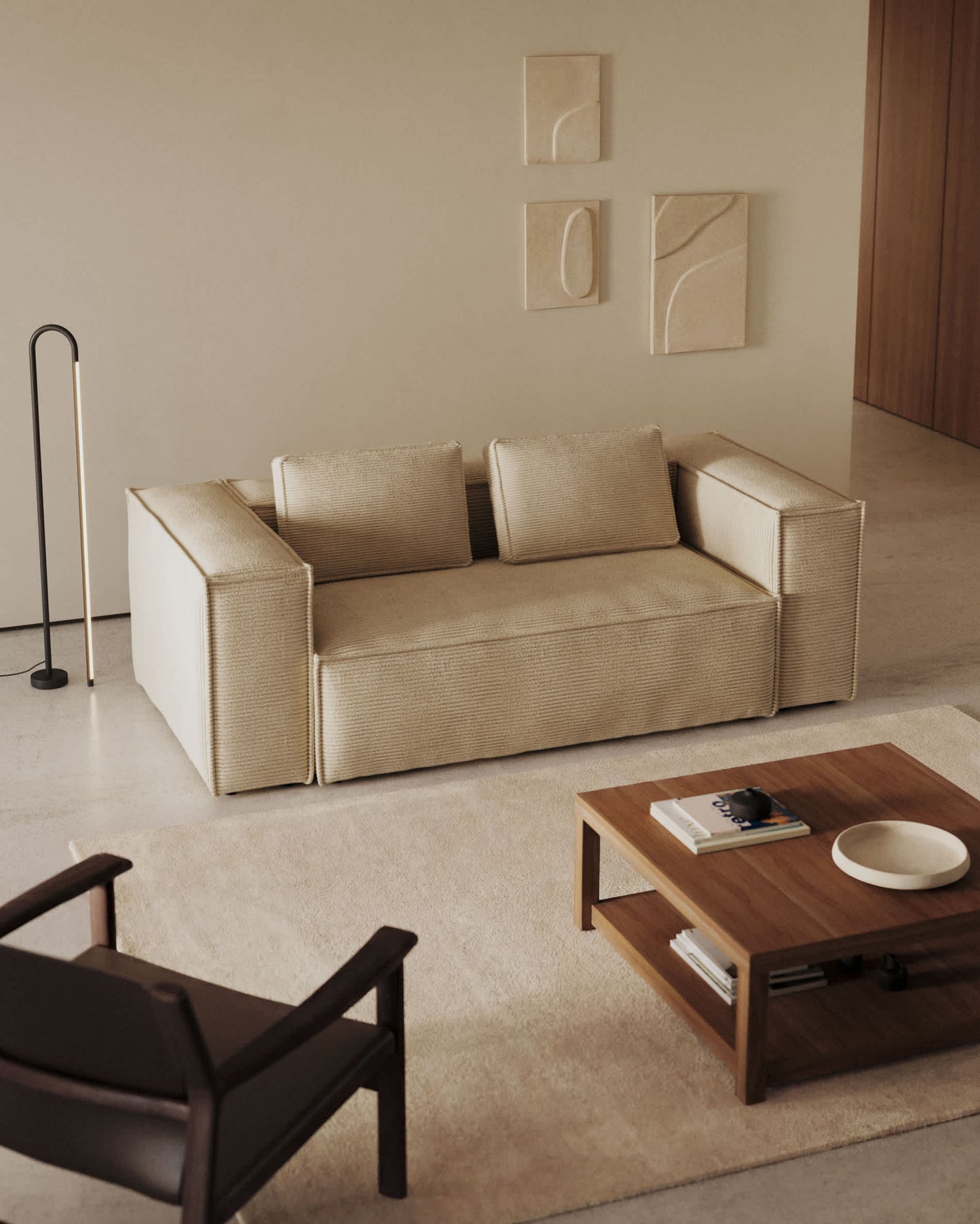 Divano Blok 2 posti in velluto a coste spesso color naturale 210 cm