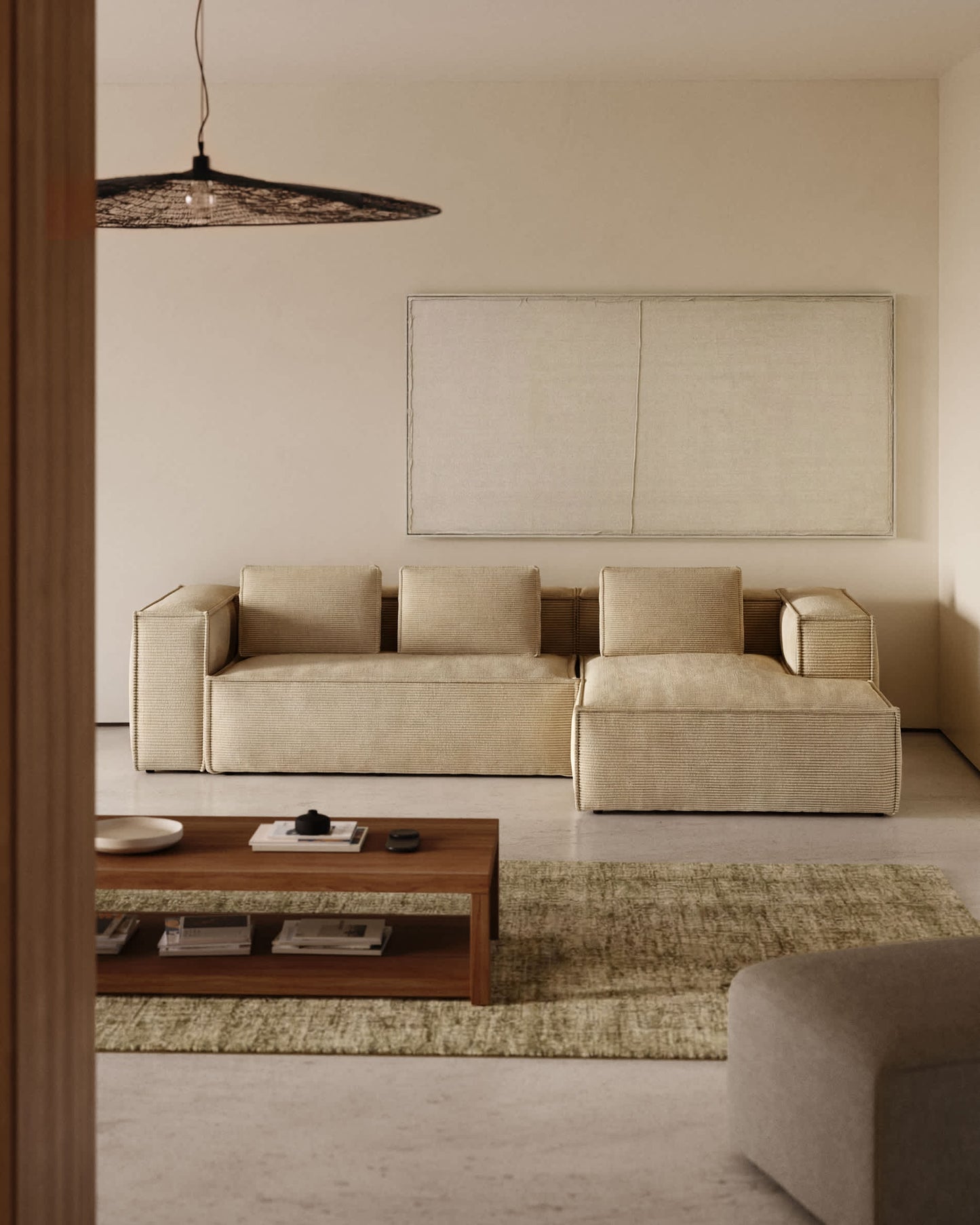 Divano Blok 3 posti in velluto a coste spesso color naturale con chaise longue destra 300 cm FSC Mix Credit