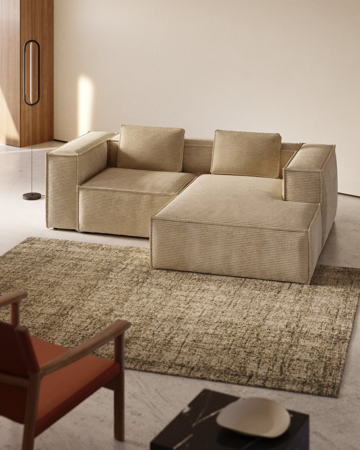 Divano Blok 2 posti in velluto a coste spesso color naturale con chaise longue destra 240 cm