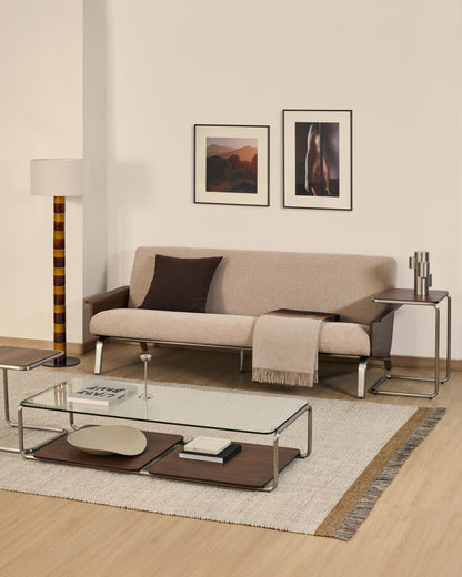 Divano Amsen 3 posti marrone chiaro in compensato di noce con gambe in acciaio inox spazzolato 205 cm