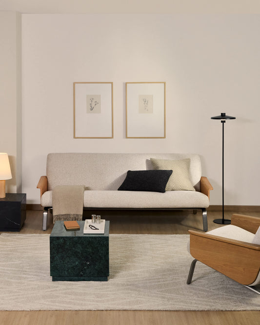 Divano Amsen 3 posti in ciniglia beige, in compensato di rovere beige con gambe in acciaio inox spazzolato 205 cm
