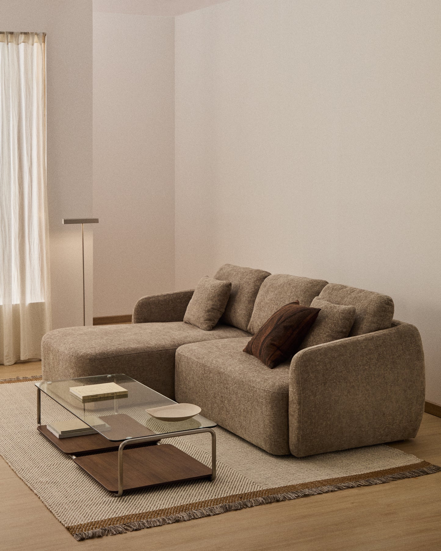 Divano letto Laira 3 posti in ciniglia tortora con chaise longue sinistra 246 cm