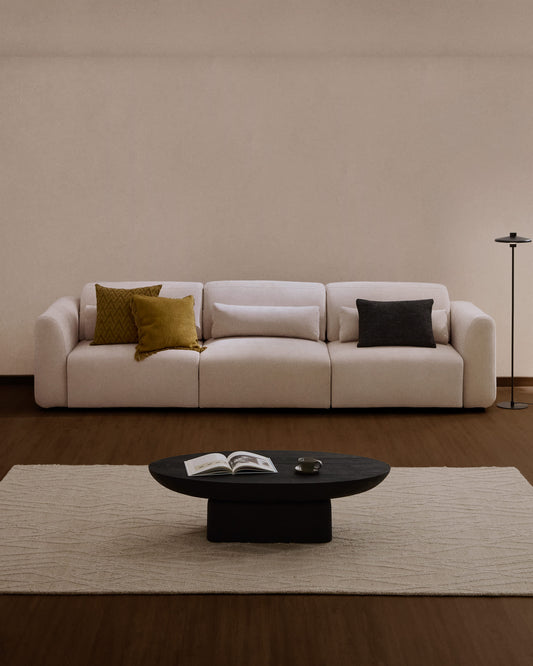 Divano Lares 5 posti con sedute scorrevoli motorizzate e poggiatesta reclinabile in ciniglia beige 335 cm