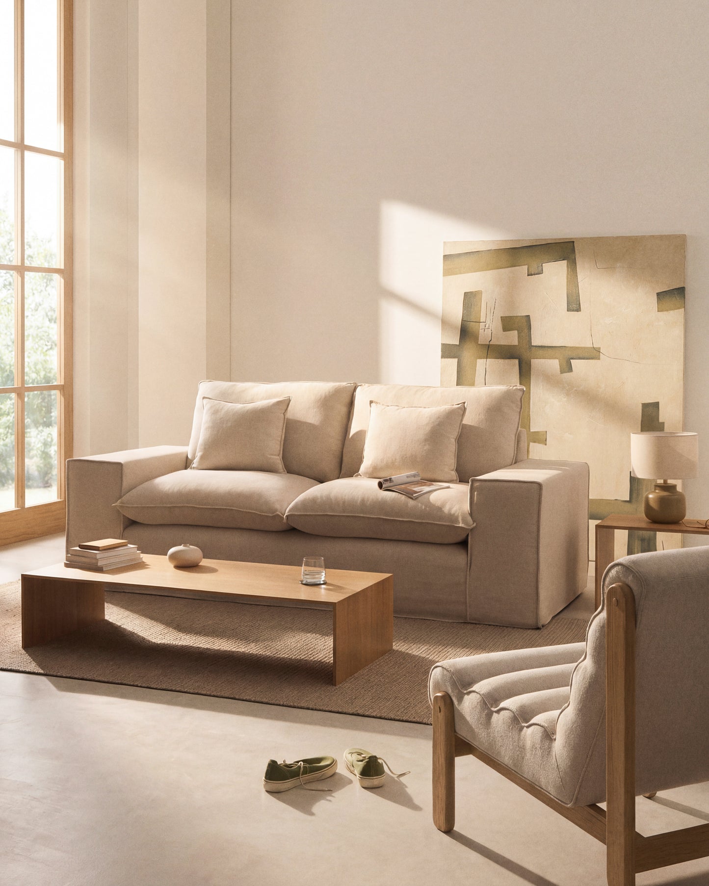 Divano sfoderabile Anarela 2 posti con cuscini di lino beige 240 cm