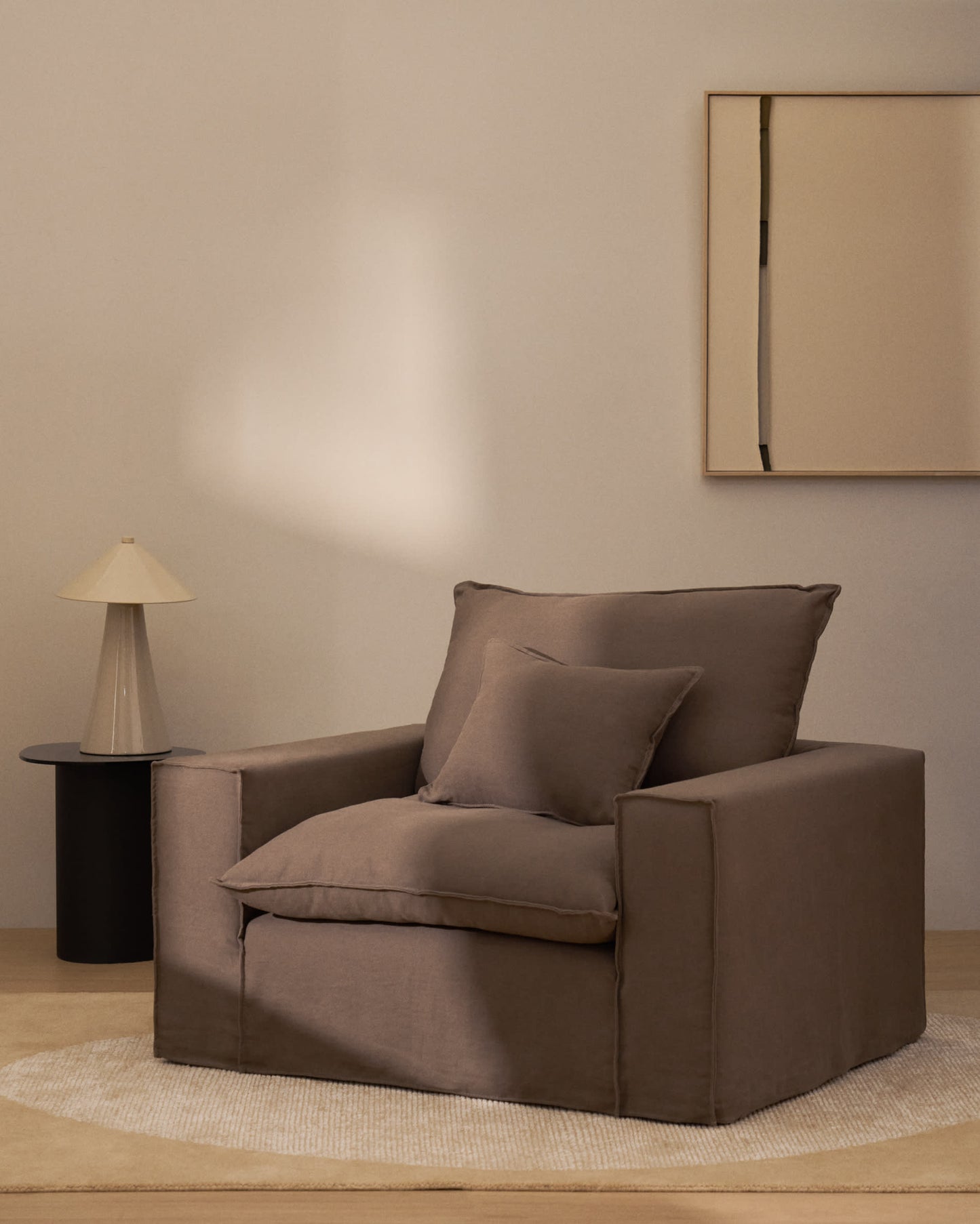 Poltrona sfoderabile Anarela in 100% lino tortora 130 cm FSC Mix Credit