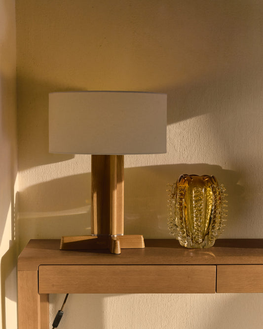 Lampada da tavolo Niani in legno di caucciù con finitura tono naturale e paralume in cotone color avorio Ø 30 cm