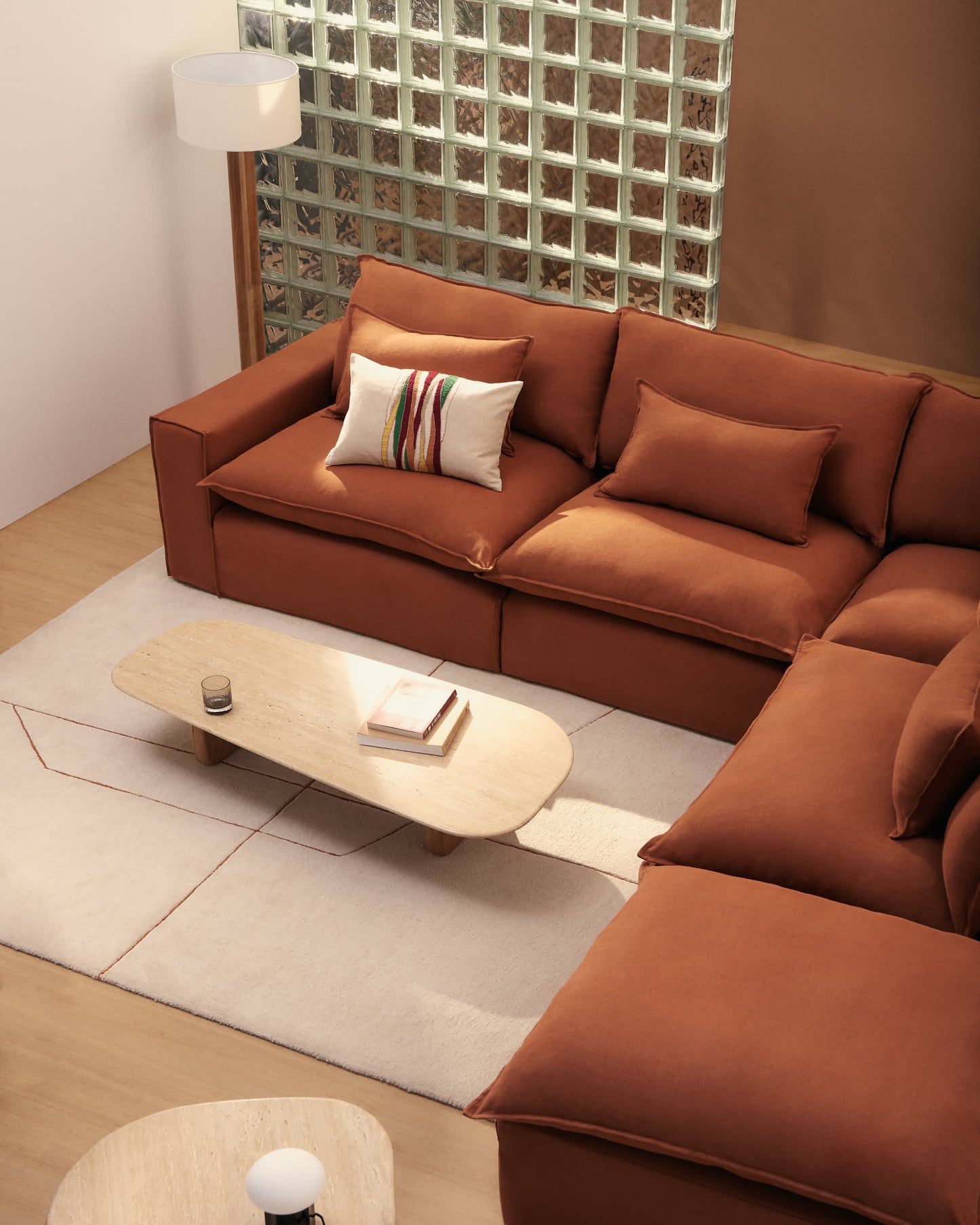 Divano angolare modulare sfoderabile Anarela 6 posti in 100% lino terracotta 347 x 307 cm FSC Mix Credit