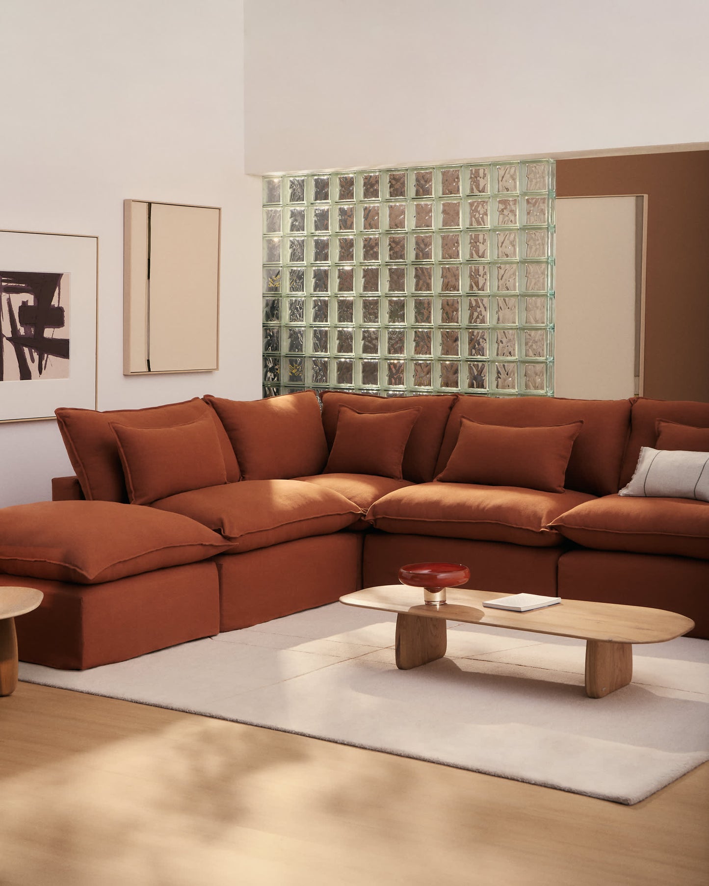 Divano angolare modulare sfoderabile Anarela 6 posti in 100% lino terracotta 307 x 347 cm FSC Mix Credit
