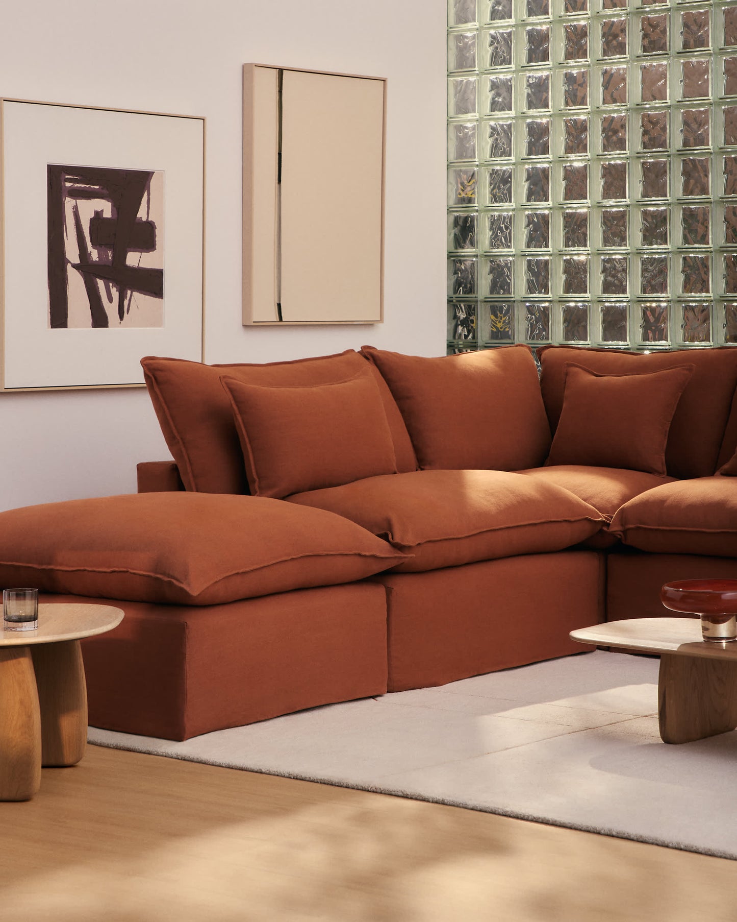 Divano angolare modulare sfoderabile Anarela 6 posti in 100% lino terracotta 307 x 347 cm FSC Mix Credit