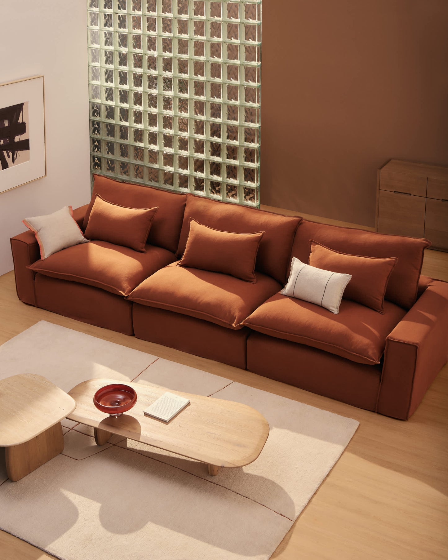 Divano modulare sfoderabile Anarela 3 posti in 100% lino color terracotta 310 cm FSC Mix Credit