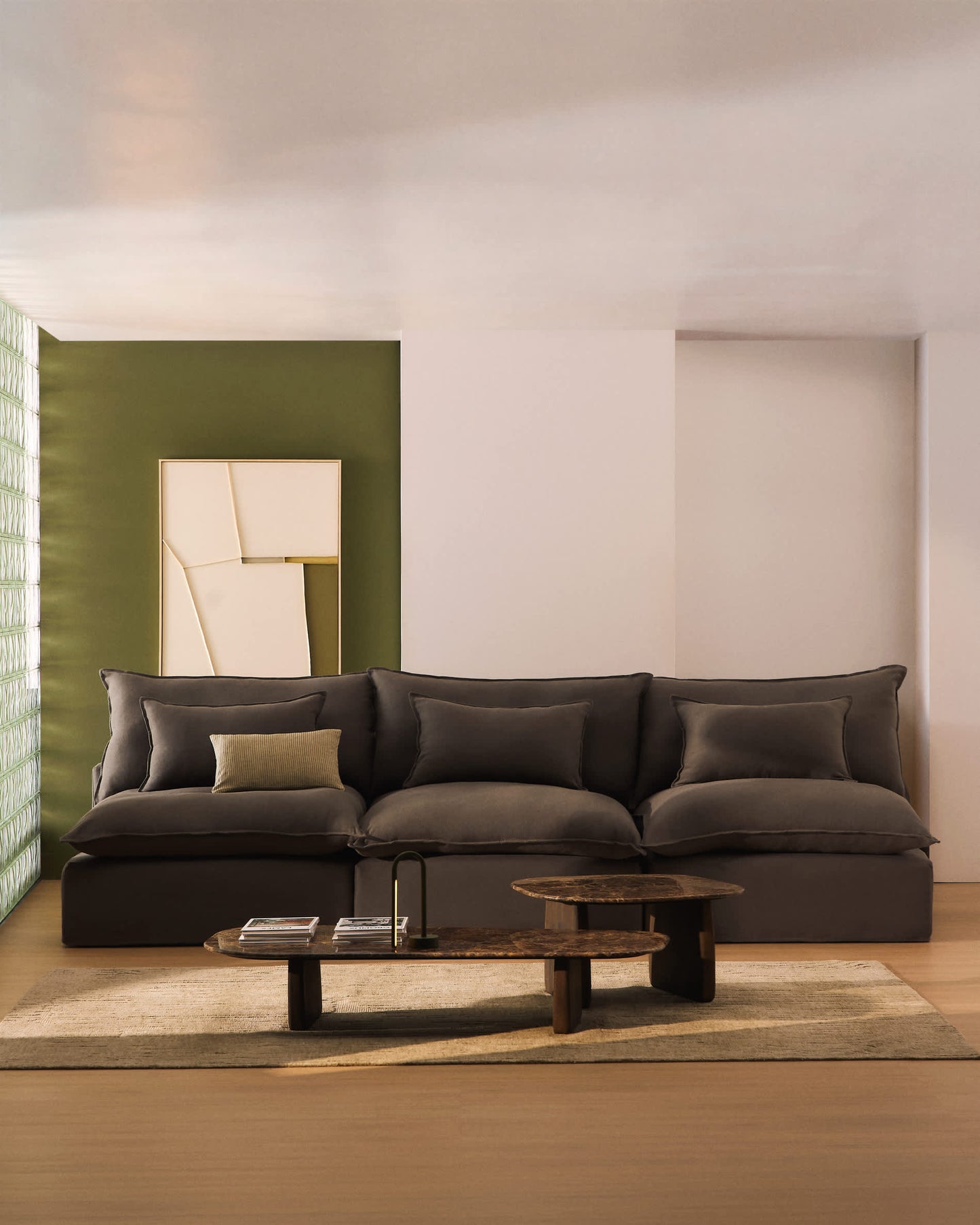 Divano modulare sfoderabile Anarela 5 posti in 100% lino tortora 330 cm FSC Mix Credit