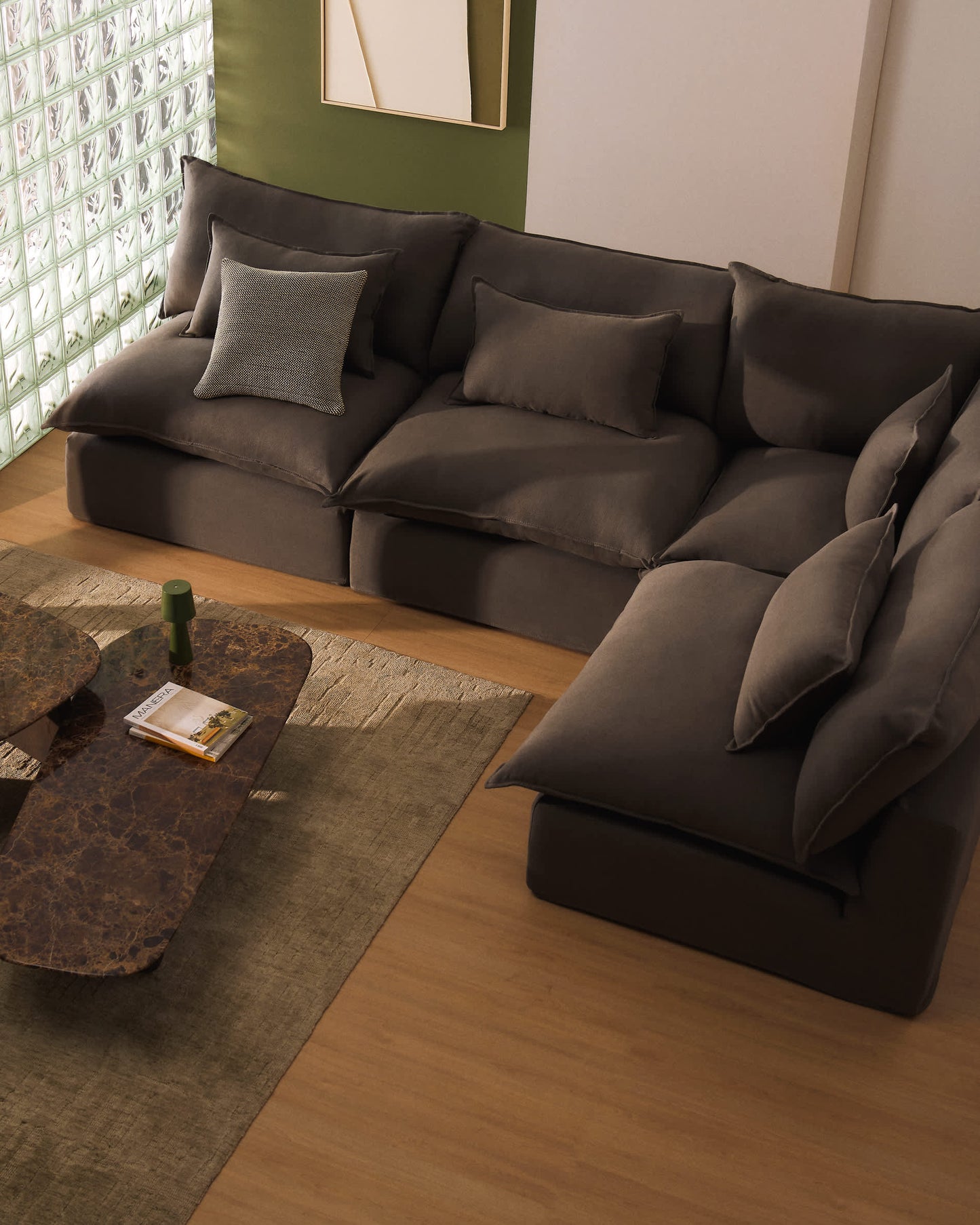 Divano angolare modulare sfoderabile Anarela 6 posti in 100% lino tortora 327 x 217 cm / 217 x 327 cm FSC Mix Credit