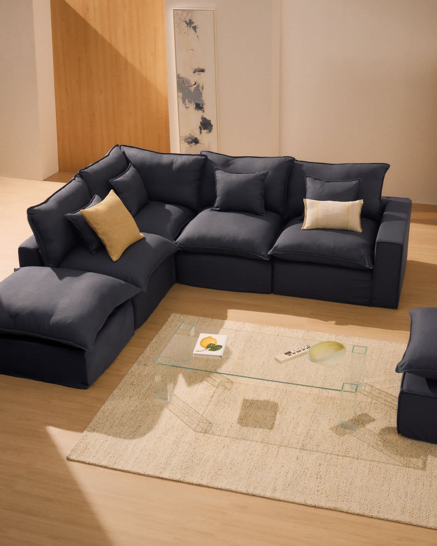 Divano modulare sfoderabile Anarela 5 posti in lino e viscosa grigio scuro 330 cm FSC Mix Credit