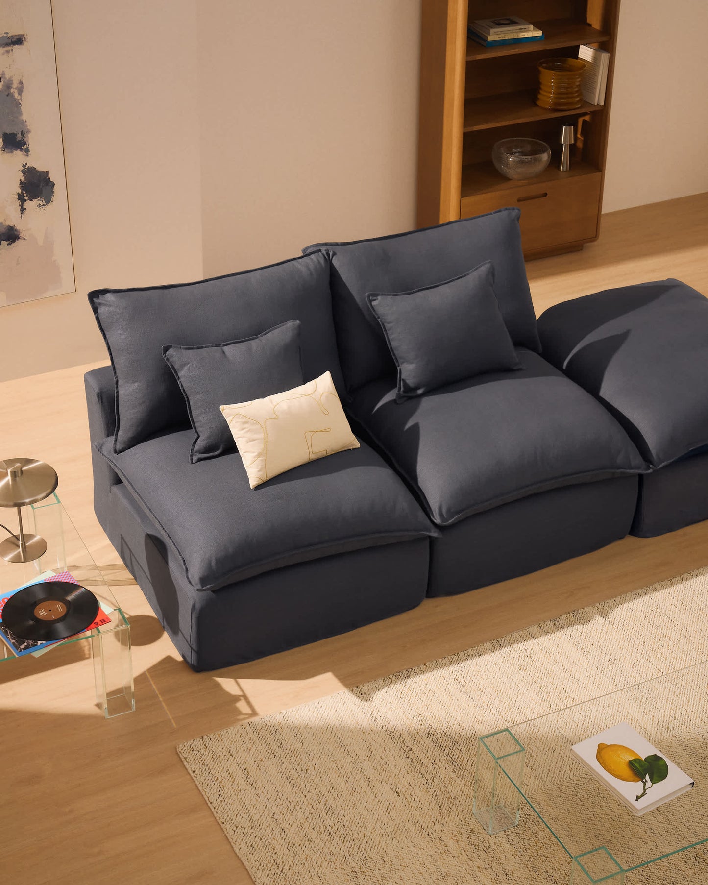 Divano modulare sfoderabile Anarela 2 posti con terminale in lino e viscosa grigio scuro 270 cm FSC Mix Credit