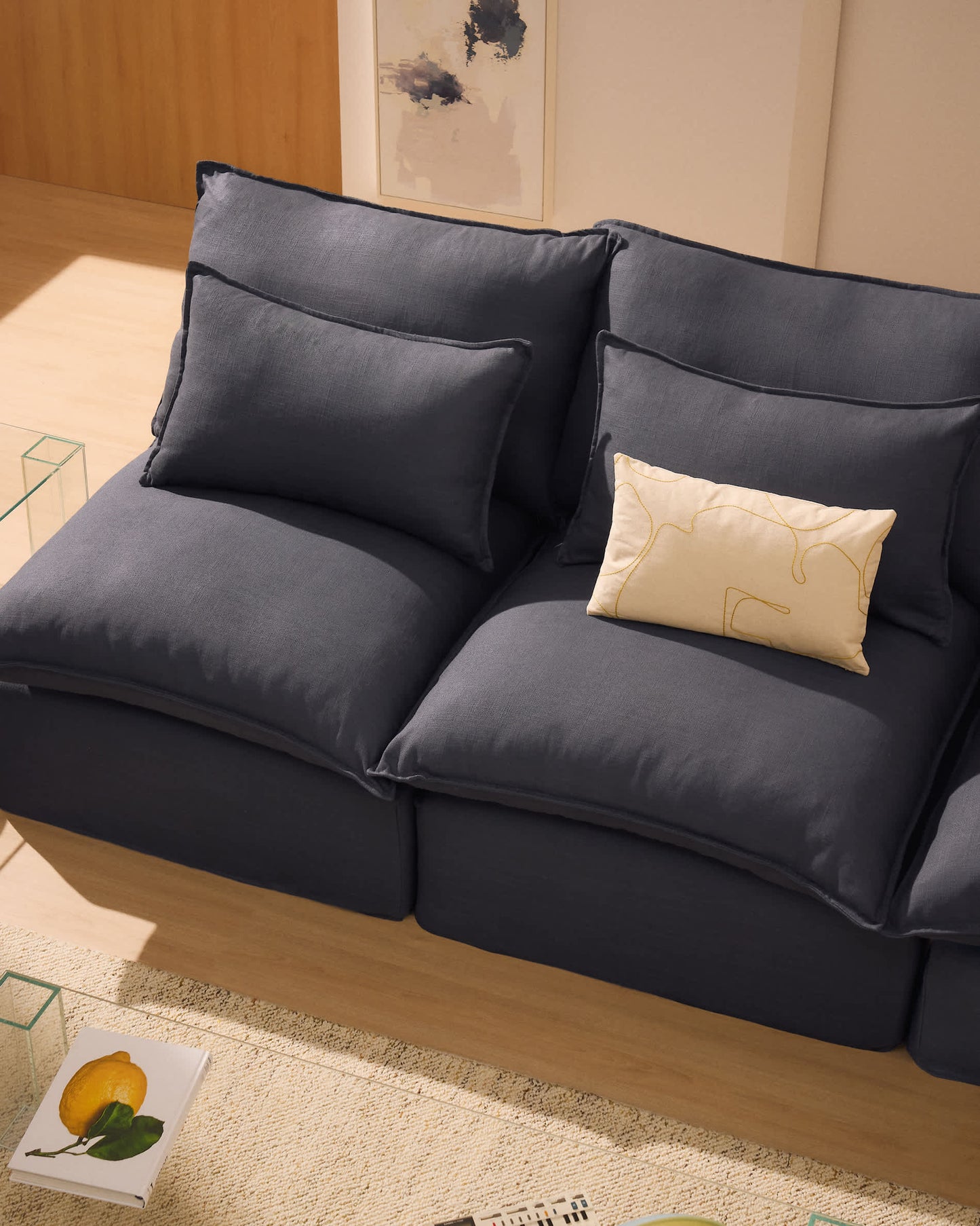Divano modulare sfoderabile Anarela 3 posti con terminale in lino e viscosa grigio scuro 310 cm FSC Mix Credit