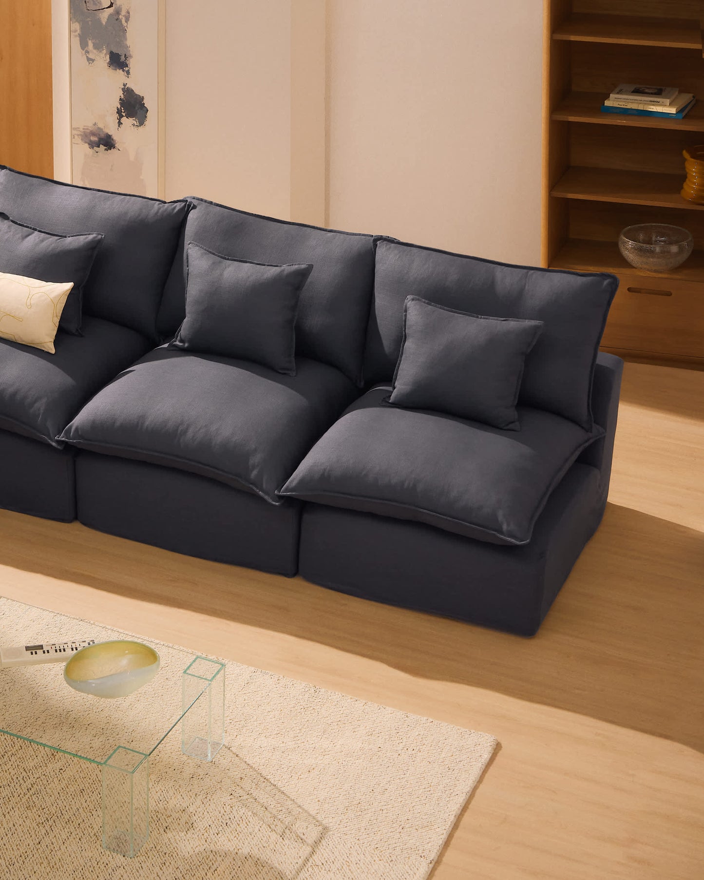 Divano modulare sfoderabile Anarela 3 posti in lino e viscosa grigio scuro 270 cm FSC Mix Credit