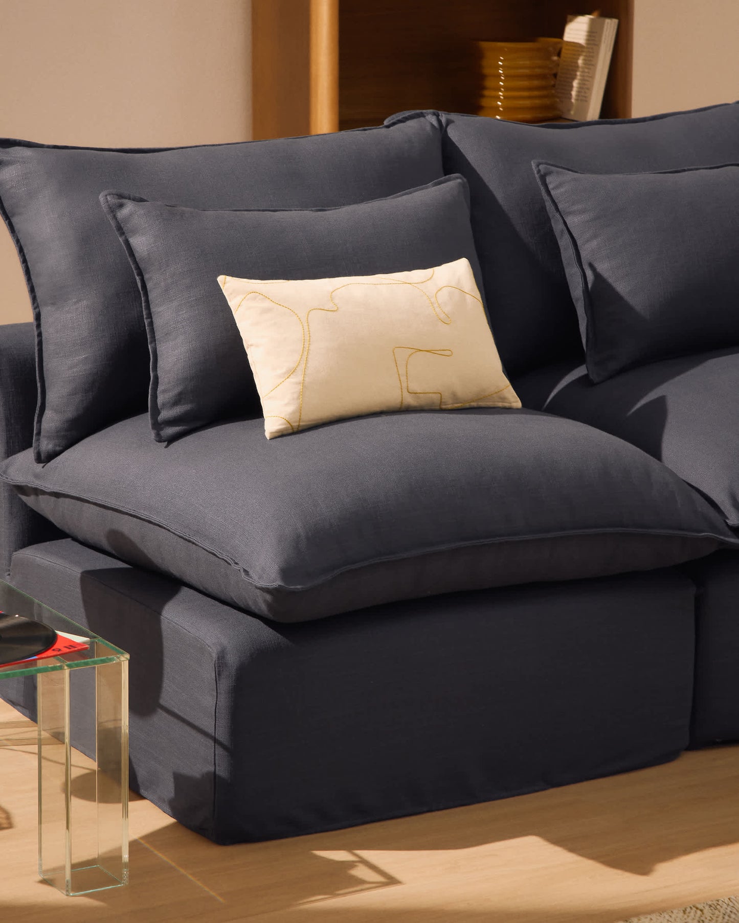 Divano modulare sfoderabile Anarela 3 posti in lino e viscosa grigio scuro 220 cm FSC Mix Credit
