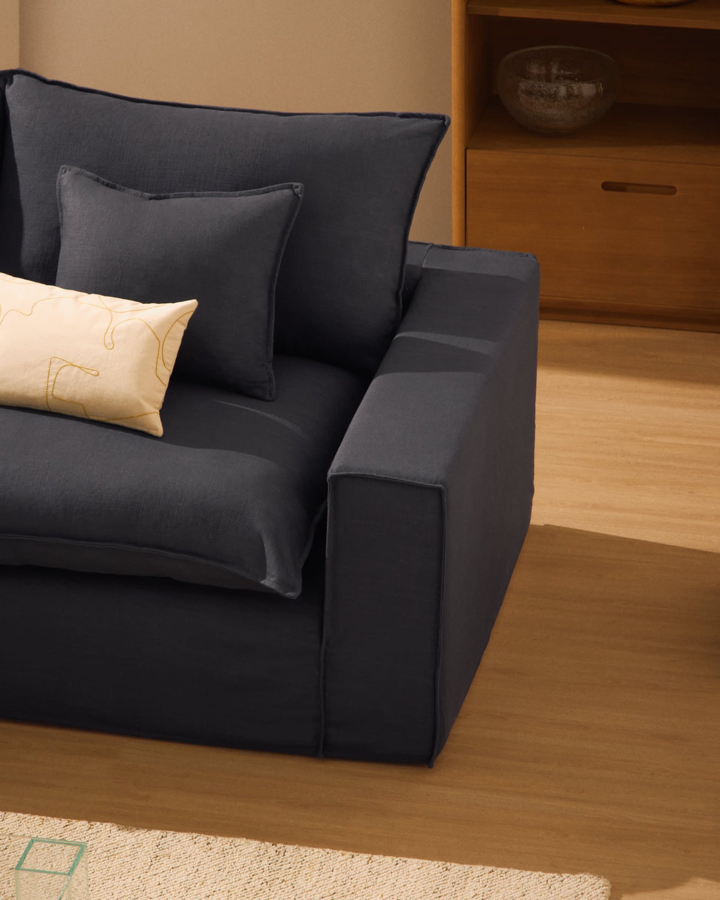 Divano modulare sfoderabile Anarela 3 posti in lino e viscosa grigio scuro 310 cm FSC Mix Credit
